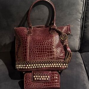 Croc-Embossed Studded Tote with matching wallet in Deep Burgundy Tassel Charm